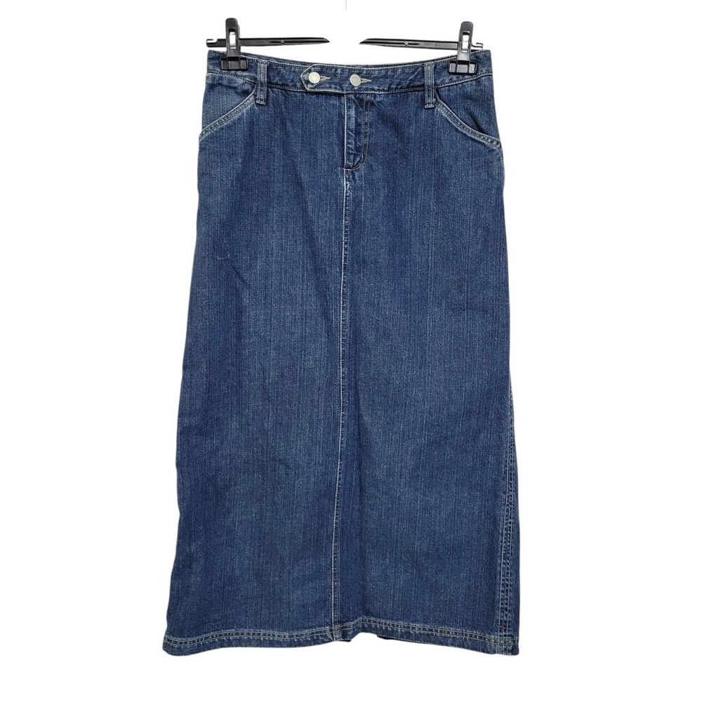 Eddie Bauer Denim Midi Skirt Womens 6 Blue Dark Wash Denim Pockets Slit Straight